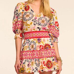 Ramy Brook Red Printed Short-Sleeved Smocked Mini Dress